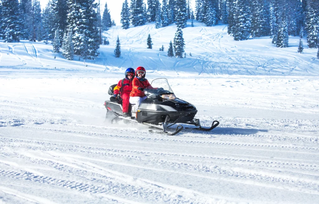 Couple snowmobiling on trail